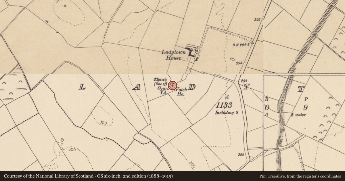 Ordnance Survey six-inch map, 2nd edition (1888–1915) covering the location of Church, Ladytown, County Kildare, with a pin at the register's coordinates