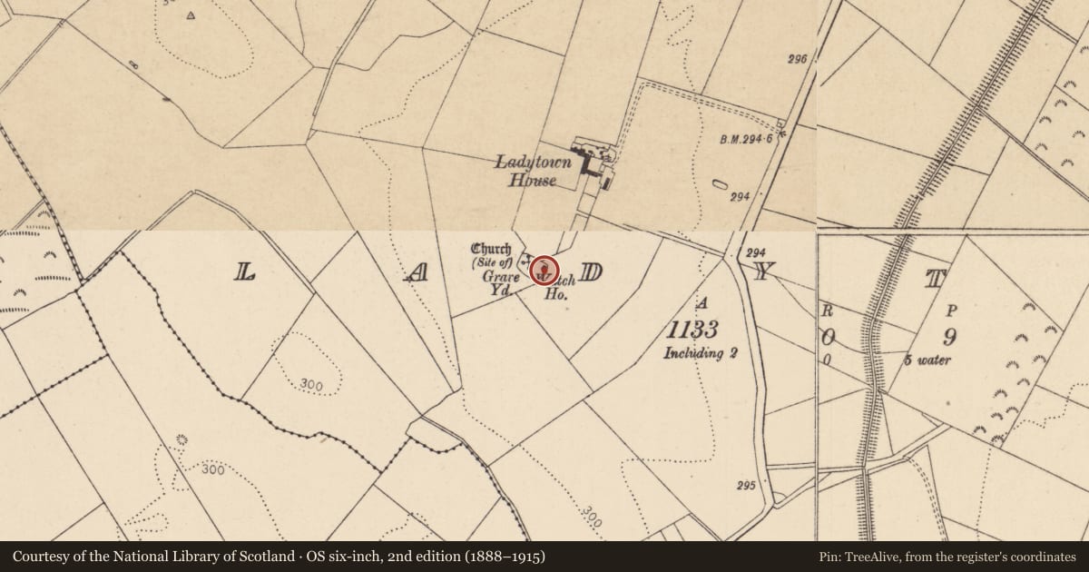 Ordnance Survey six-inch map, 2nd edition (1888–1915) covering the location of Architectural fragment, Ladytown, County Kildare, with a pin at the register's coordinates