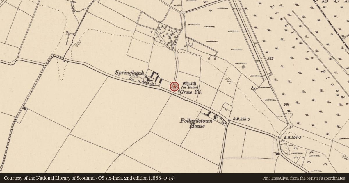 Ordnance Survey six-inch map, 2nd edition (1888–1915) covering the location of Church, Pollardstown, County Kildare, with a pin at the register's coordinates