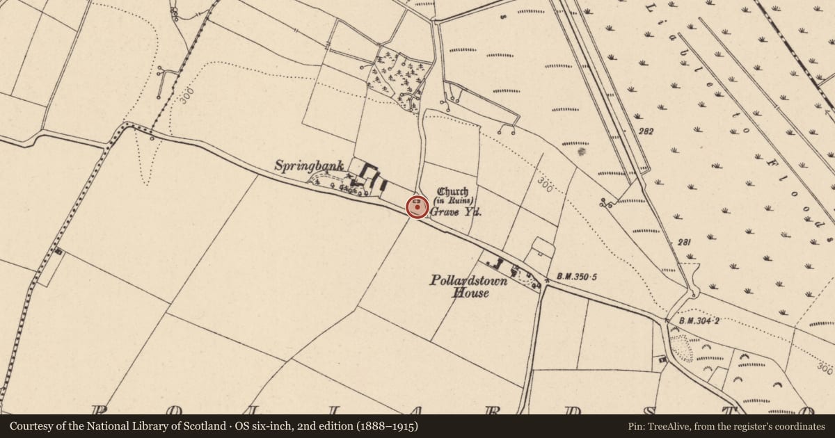Ordnance Survey six-inch map, 2nd edition (1888–1915) covering the location of Graveyard, Pollardstown, County Kildare, with a pin at the register's coordinates