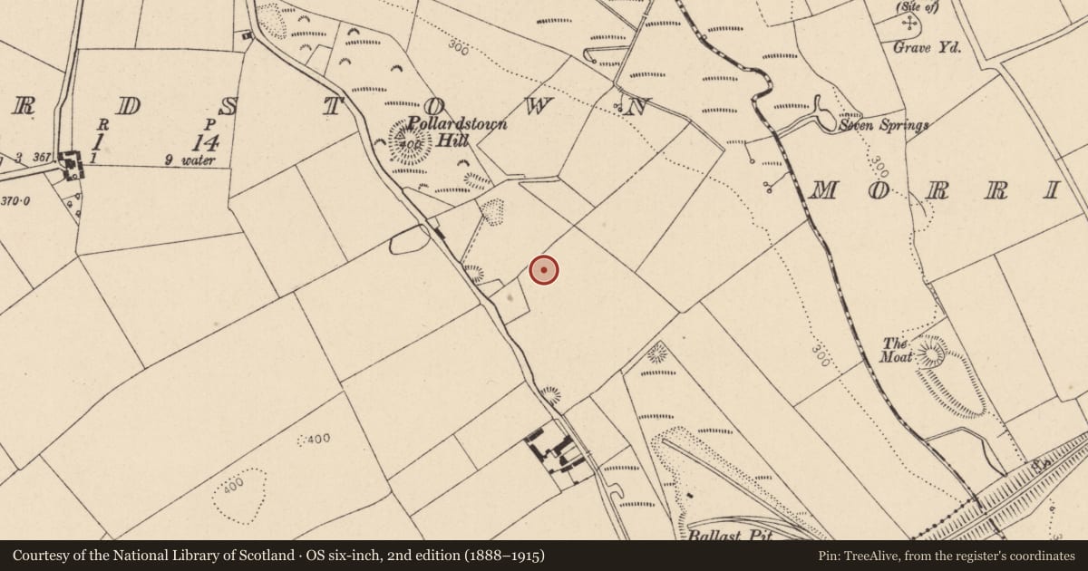 Ordnance Survey six-inch map, 2nd edition (1888–1915) covering the location of Burial, Pollardstown, County Kildare, with a pin at the register's coordinates