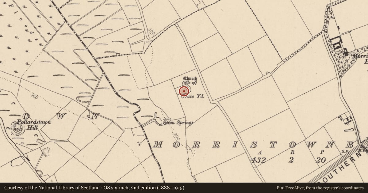 Ordnance Survey six-inch map, 2nd edition (1888–1915) covering the location of Graveyard, Morristownbiller, County Kildare, with a pin at the register's coordinates