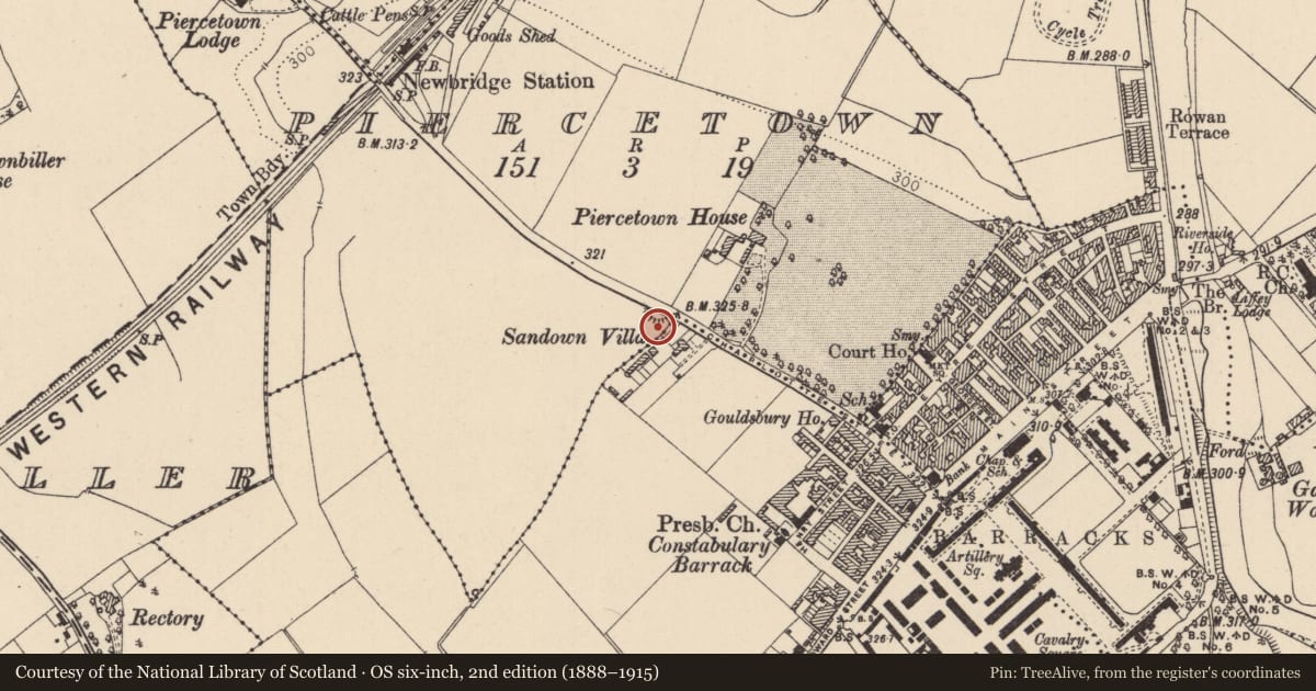 Ordnance Survey six-inch map, 2nd edition (1888–1915) covering the location of Enclosure, Piercetown, County Kildare, with a pin at the register's coordinates