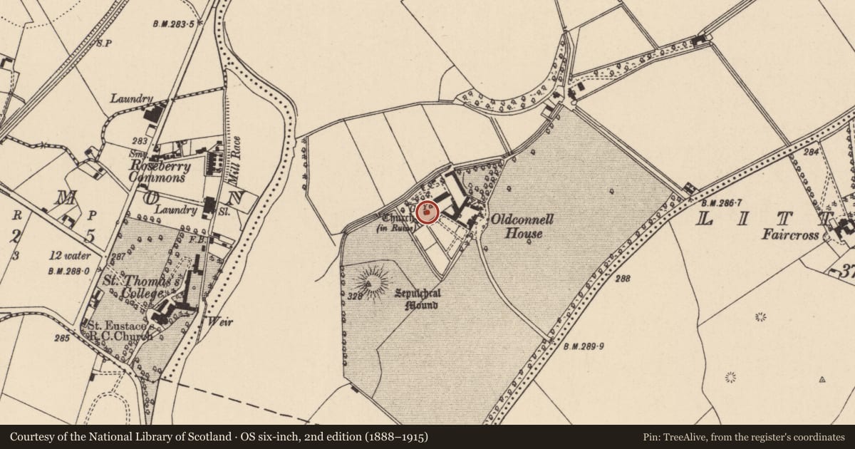 Ordnance Survey six-inch map, 2nd edition (1888–1915) covering the location of Church, Oldconnell, County Kildare, with a pin at the register's coordinates