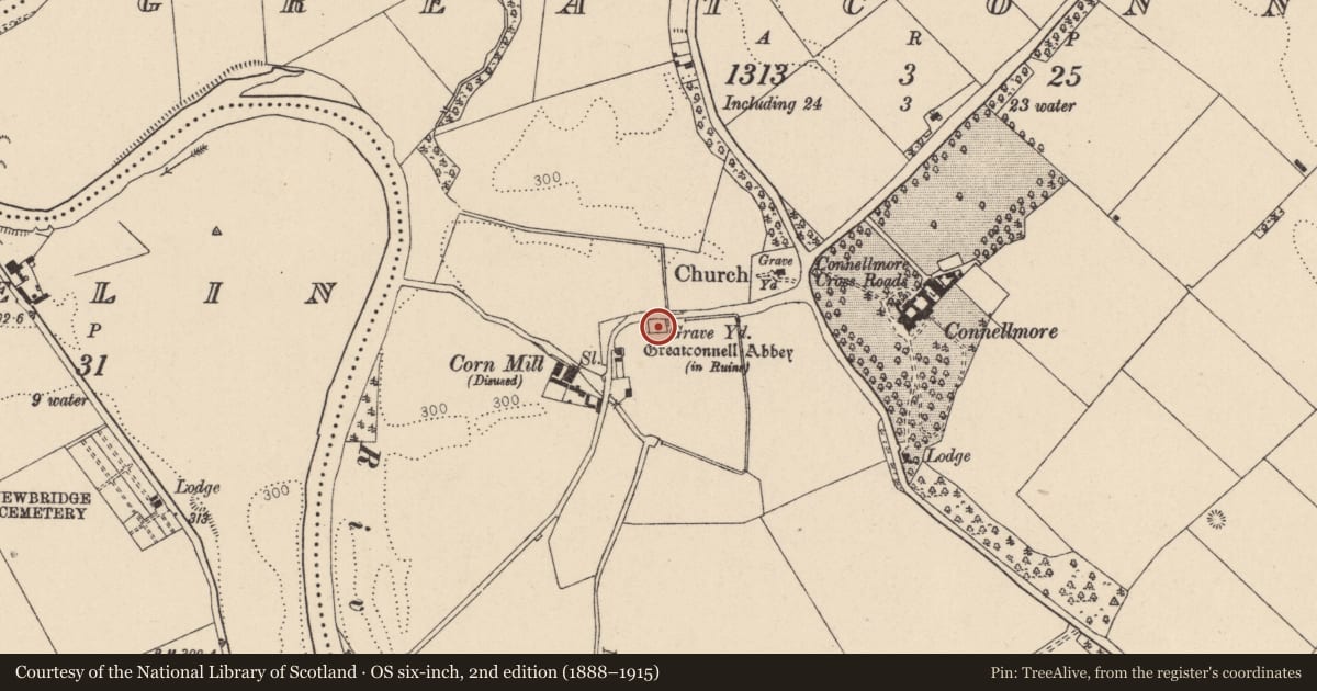 Ordnance Survey six-inch map, 2nd edition (1888–1915) covering the location of Graveyard, Greatconnell, County Kildare, with a pin at the register's coordinates