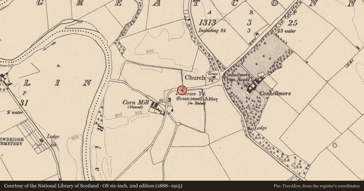 Ordnance Survey six-inch map, 2nd edition (1888–1915) covering the location of Sheela-na-gig, Greatconnell, County Kildare, with a pin at the register's coordinates