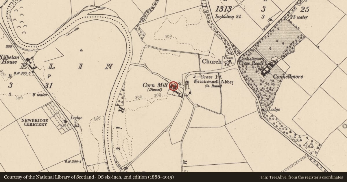 Ordnance Survey six-inch map, 2nd edition (1888–1915) covering the location of Water mill - unclassified, Greatconnell, County Kildare, with a pin at the register's coordinates
