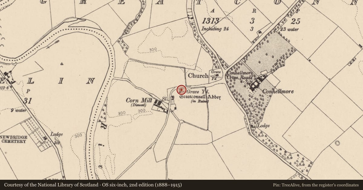 Ordnance Survey six-inch map, 2nd edition (1888–1915) covering the location of Tomb - effigial, Greatconnell, County Kildare, with a pin at the register's coordinates