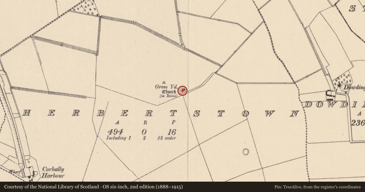 Ordnance Survey six-inch map, 2nd edition (1888–1915) covering the location of Graveyard, Herbertstown, County Kildare, with a pin at the register's coordinates