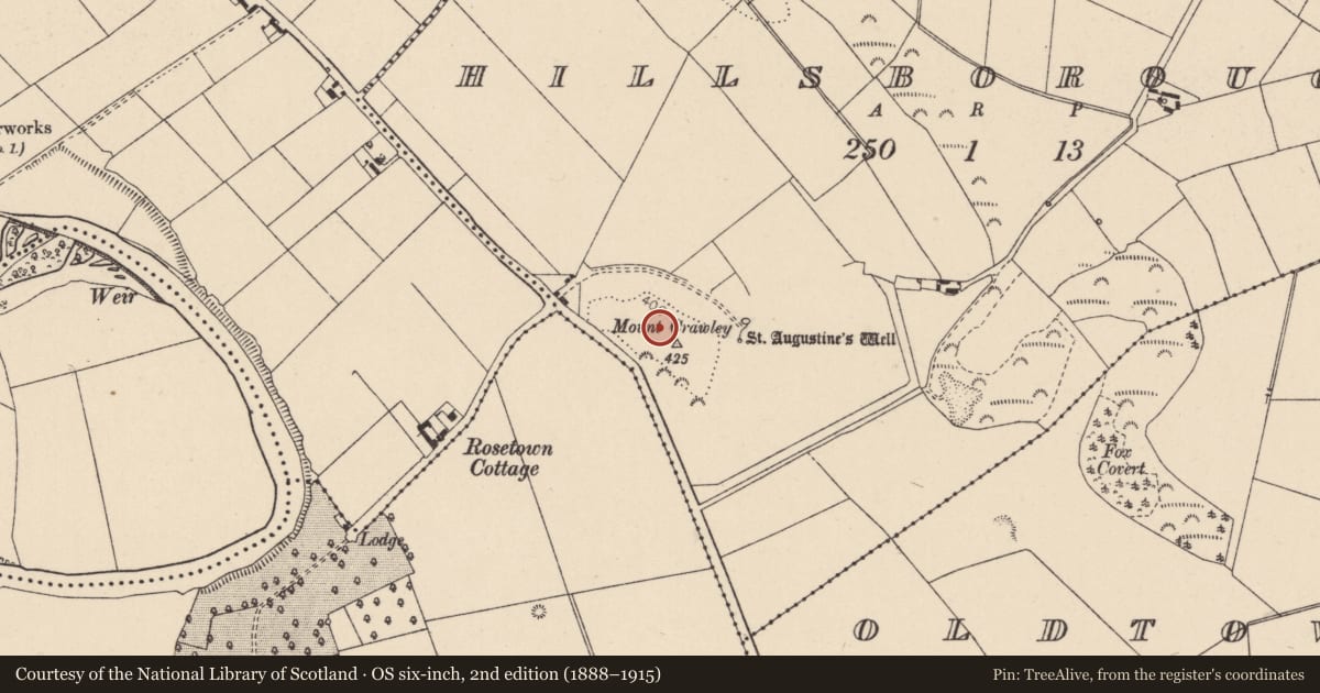 Ordnance Survey six-inch map, 2nd edition (1888–1915) covering the location of Mound, Hillsborough, County Kildare, with a pin at the register's coordinates