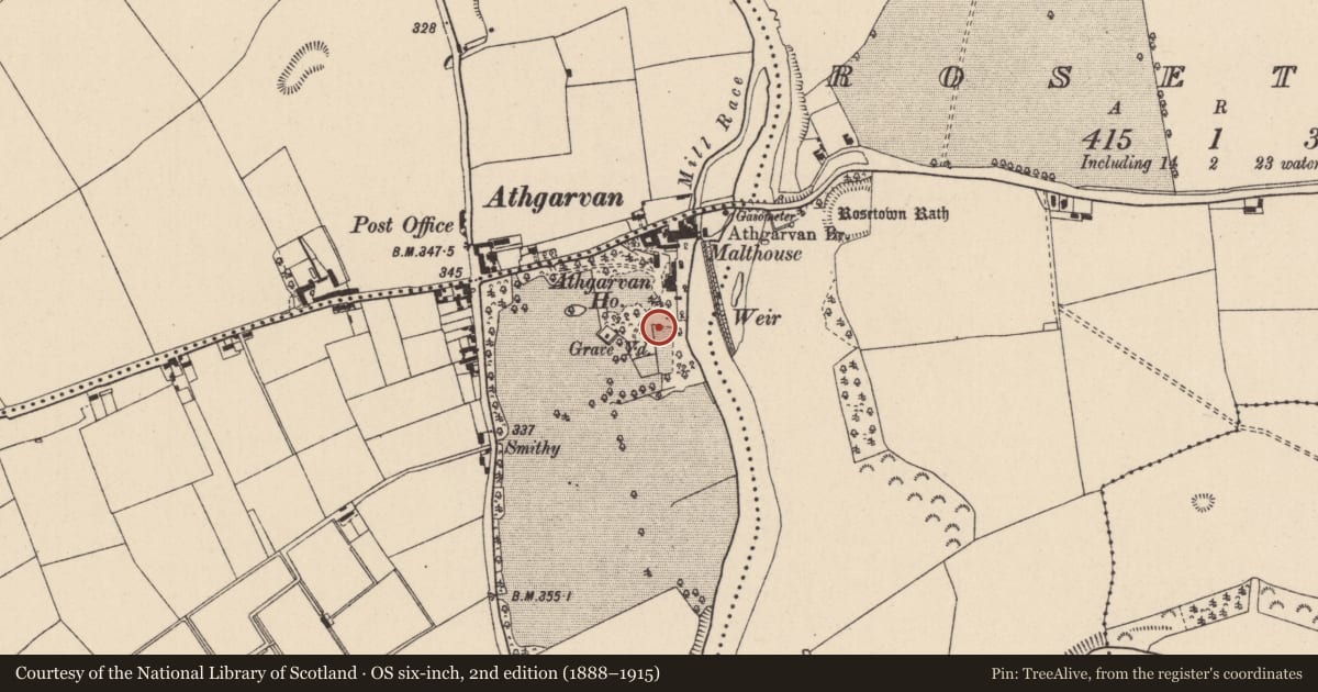Ordnance Survey six-inch map, 2nd edition (1888–1915) covering the location of Church, Blackrath And Athgarvan, County Kildare, with a pin at the register's coordinates