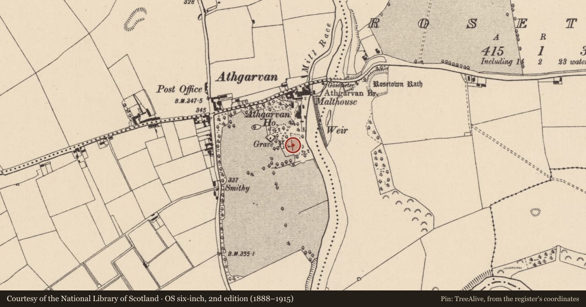 Ordnance Survey six-inch map, 2nd edition (1888–1915) covering the location of Graveyard, Blackrath And Athgarvan, County Kildare, with a pin at the register's coordinates