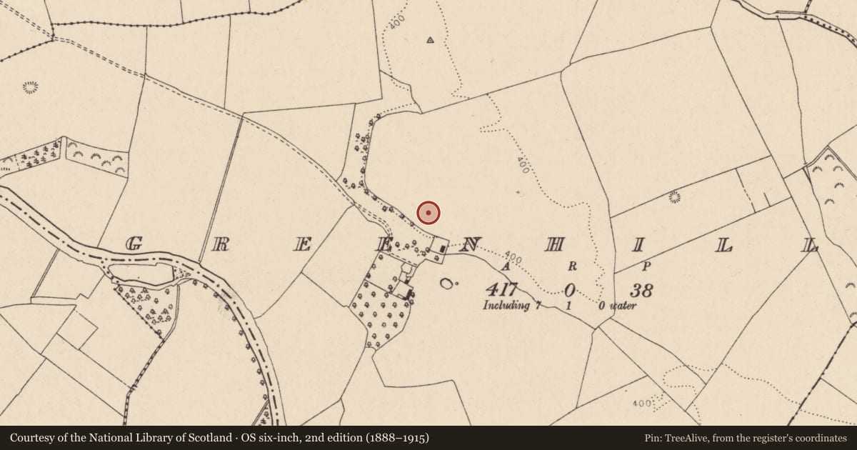Ordnance Survey six-inch map, 2nd edition (1888–1915) covering the location of Mound, Greenhills, County Kildare, with a pin at the register's coordinates