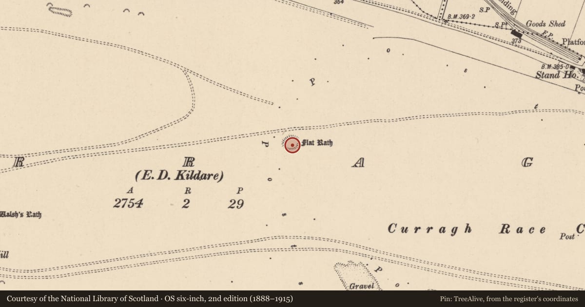 Ordnance Survey six-inch map, 2nd edition (1888–1915) covering the location of Barrow - ring-barrow, Curragh, County Kildare, with a pin at the register's coordinates