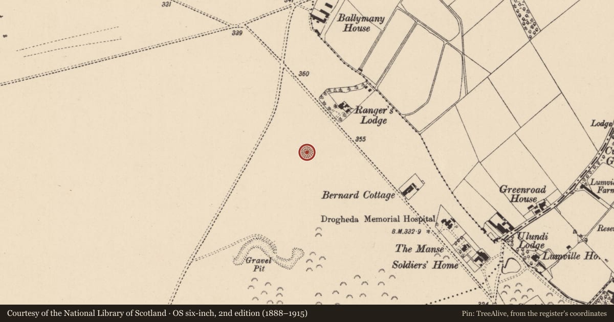 Ordnance Survey six-inch map, 2nd edition (1888–1915) covering the location of Barrow - ring-barrow, Curragh, County Kildare, with a pin at the register's coordinates