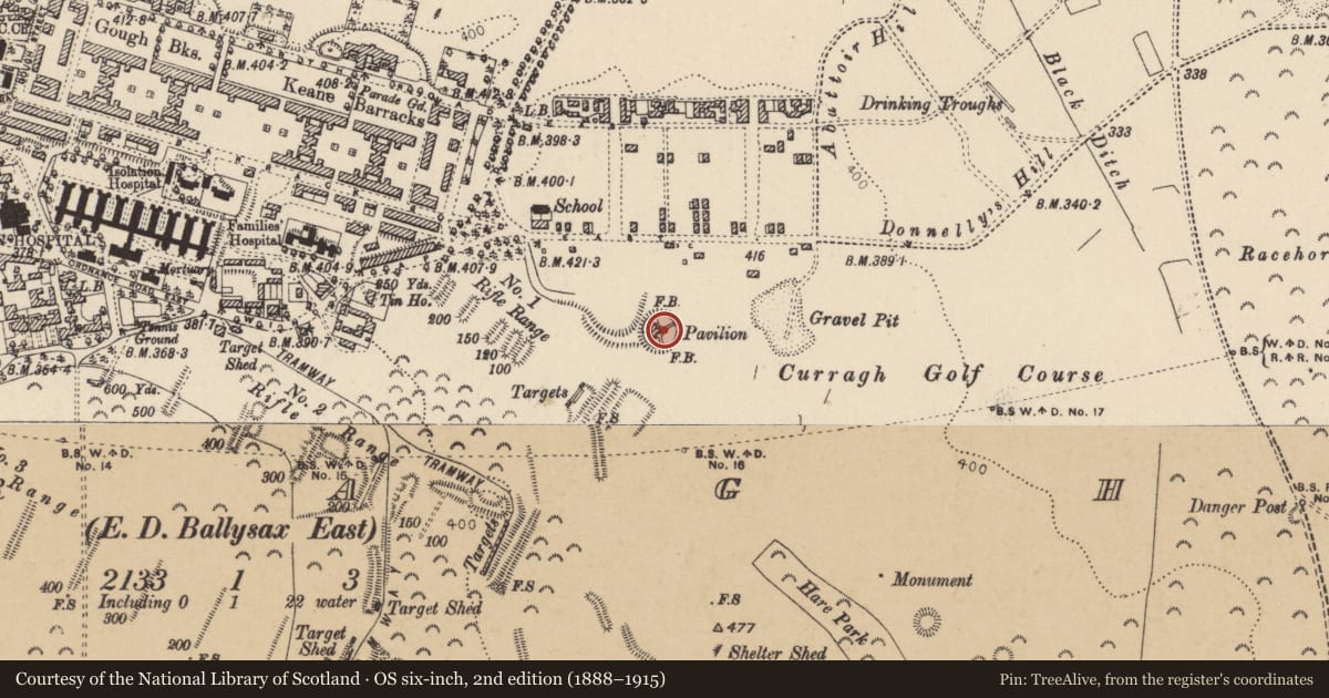 Ordnance Survey six-inch map, 2nd edition (1888–1915) covering the location of Barrow - unclassified, Curragh, County Kildare, with a pin at the register's coordinates