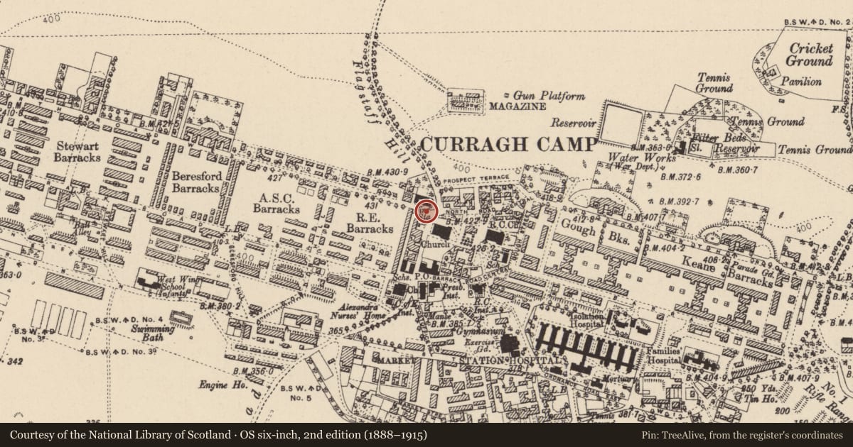 Ordnance Survey six-inch map, 2nd edition (1888–1915) covering the location of Enclosure, Curragh, County Kildare, with a pin at the register's coordinates