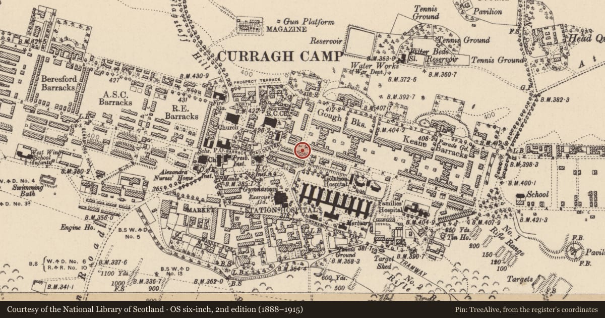 Ordnance Survey six-inch map, 2nd edition (1888–1915) covering the location of Enclosure, Curragh, County Kildare, with a pin at the register's coordinates