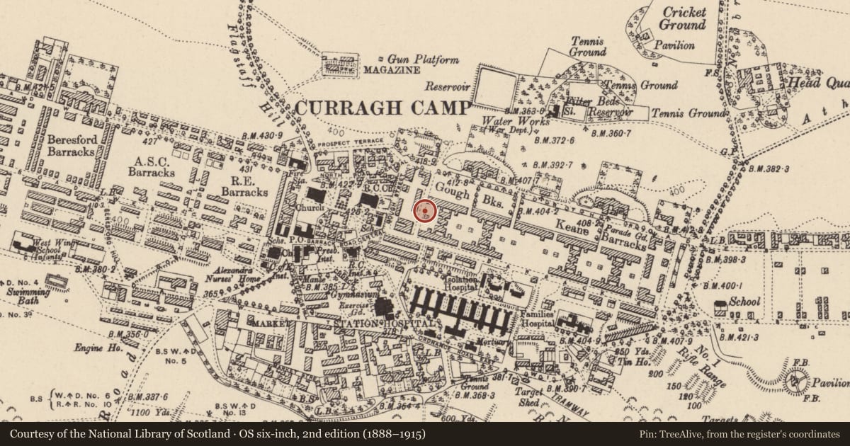 Ordnance Survey six-inch map, 2nd edition (1888–1915) covering the location of Enclosure, Curragh, County Kildare, with a pin at the register's coordinates