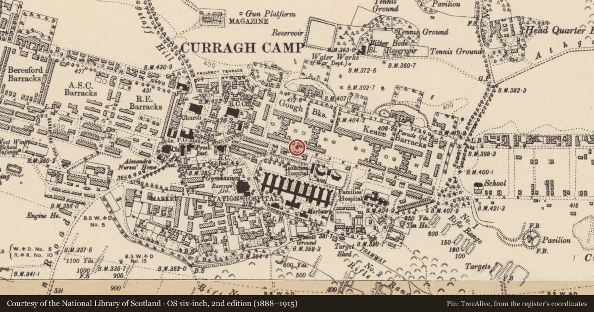 Ordnance Survey six-inch map, 2nd edition (1888–1915) covering the location of Enclosure, Curragh, County Kildare, with a pin at the register's coordinates