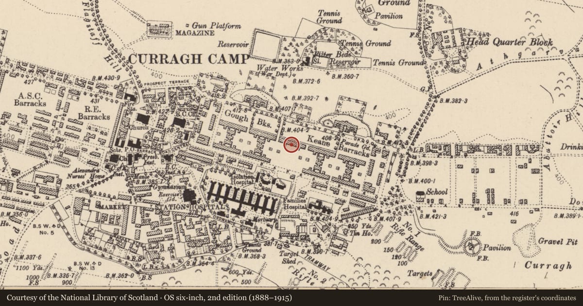 Ordnance Survey six-inch map, 2nd edition (1888–1915) covering the location of Enclosure, Curragh, County Kildare, with a pin at the register's coordinates