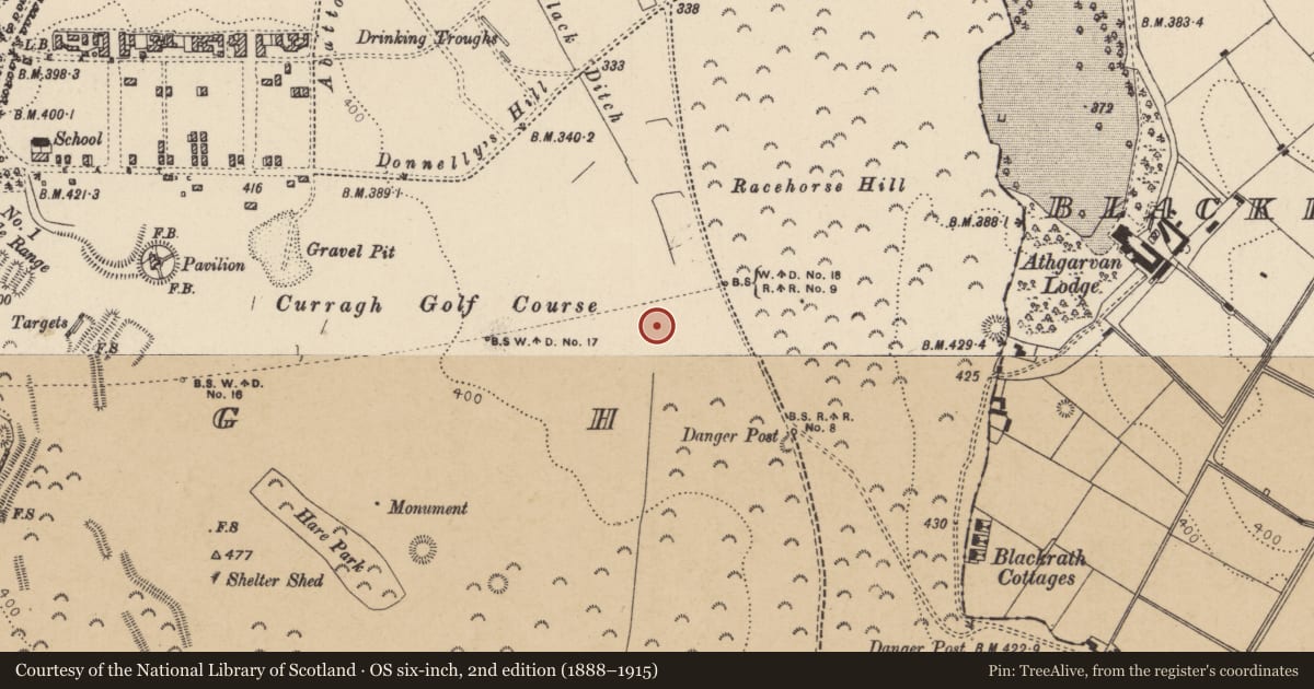 Ordnance Survey six-inch map, 2nd edition (1888–1915) covering the location of Barrow - ring-barrow, Curragh, County Kildare, with a pin at the register's coordinates