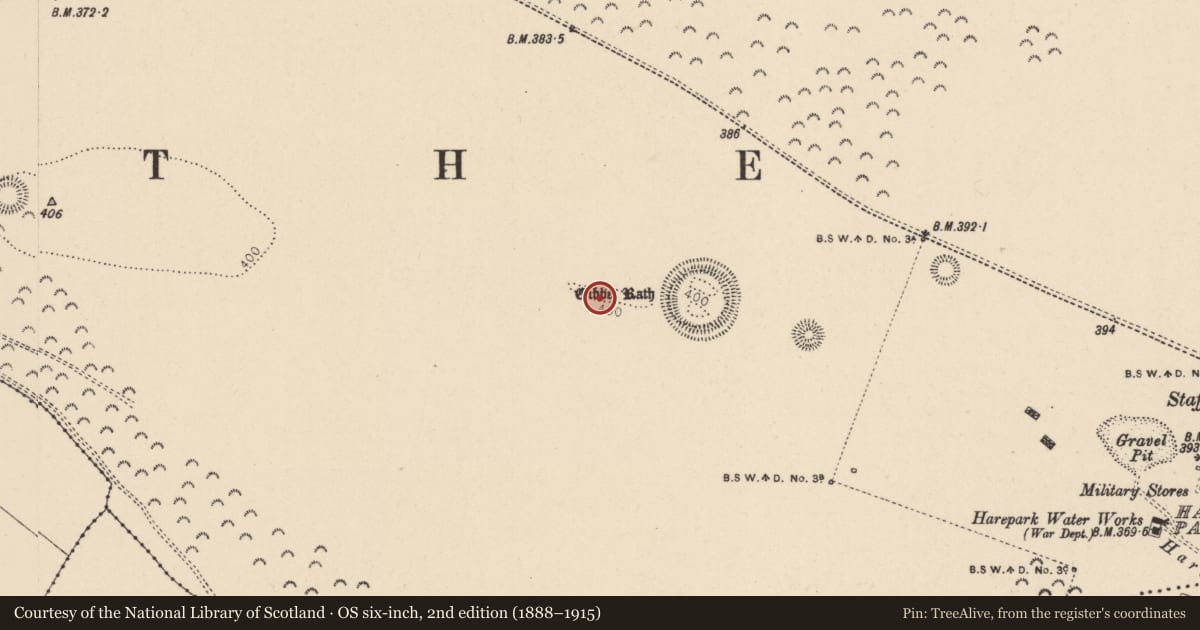 Ordnance Survey six-inch map, 2nd edition (1888–1915) covering the location of Burial, Curragh, County Kildare, with a pin at the register's coordinates