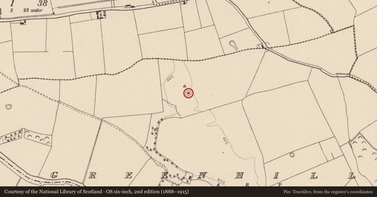 Ordnance Survey six-inch map, 2nd edition (1888–1915) covering the location of Burial, Greenhills, County Kildare, with a pin at the register's coordinates