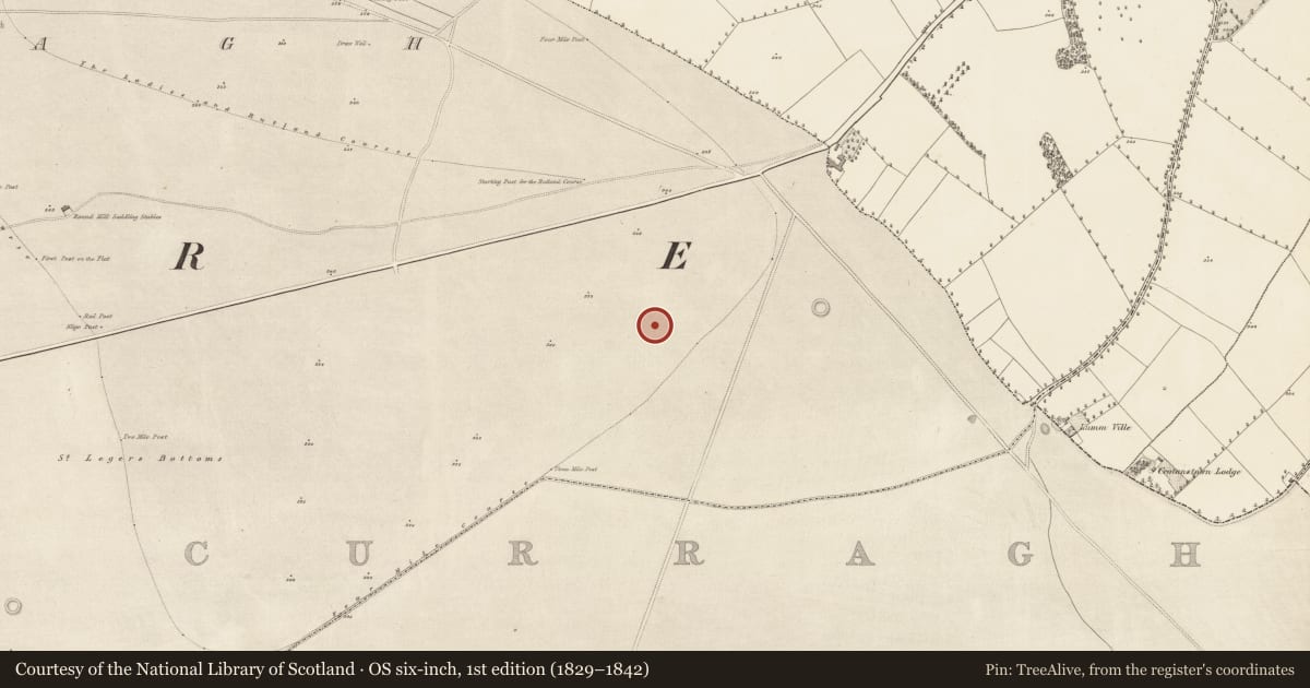 Ordnance Survey six-inch map, 1st edition (1829–1842) covering the location of Barrow - ring-barrow, Curragh, County Kildare, with a pin at the register's coordinates