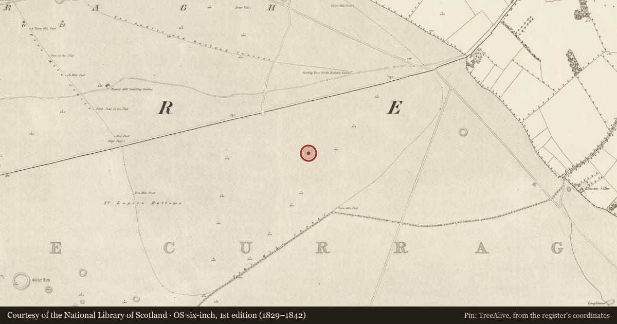 Ordnance Survey six-inch map, 1st edition (1829–1842) covering the location of Mound, Curragh, County Kildare, with a pin at the register's coordinates