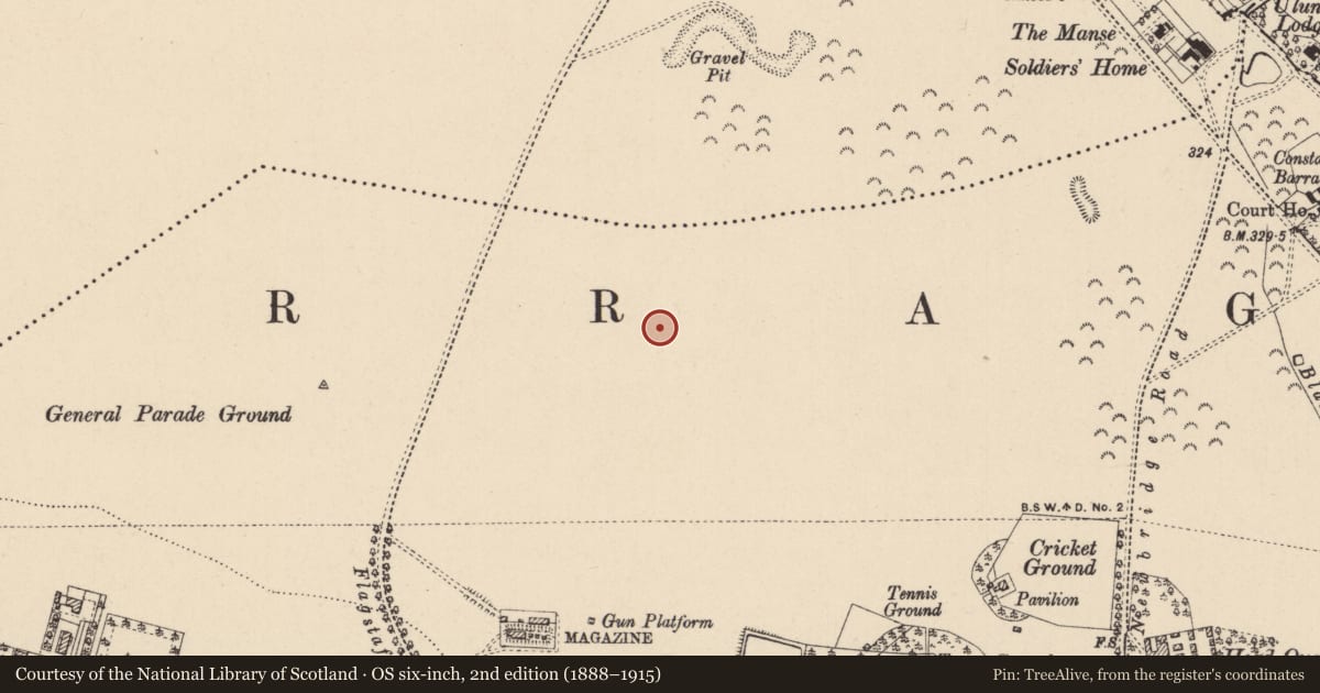 Ordnance Survey six-inch map, 2nd edition (1888–1915) covering the location of Barrow - ditch barrow, Curragh, County Kildare, with a pin at the register's coordinates
