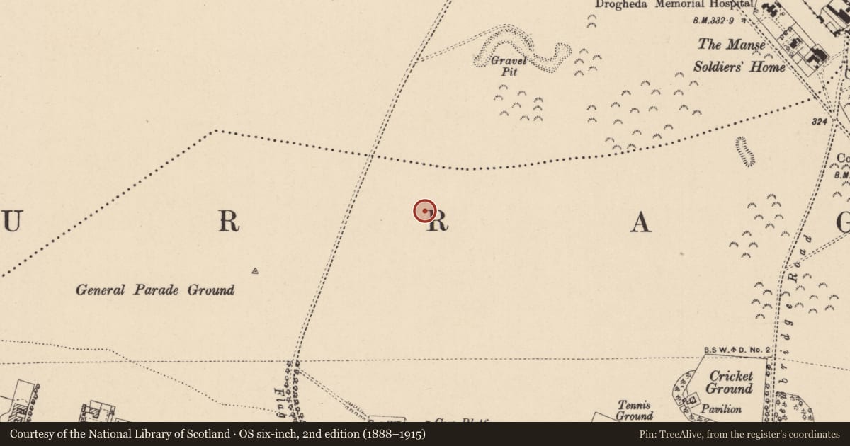Ordnance Survey six-inch map, 2nd edition (1888–1915) covering the location of Mound, Curragh, County Kildare, with a pin at the register's coordinates