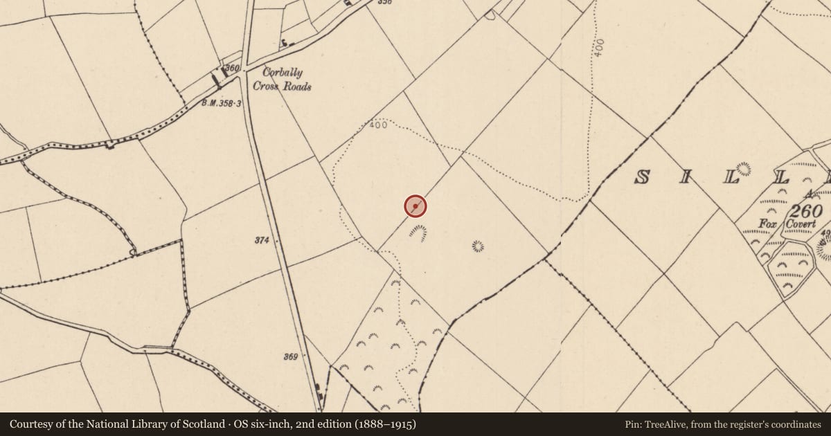 Ordnance Survey six-inch map, 2nd edition (1888–1915) covering the location of Burial, Corbally, County Kildare, with a pin at the register's coordinates