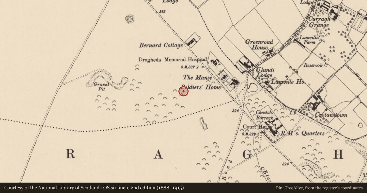Ordnance Survey six-inch map, 2nd edition (1888–1915) covering the location of Barrow - unclassified, Curragh, County Kildare, with a pin at the register's coordinates