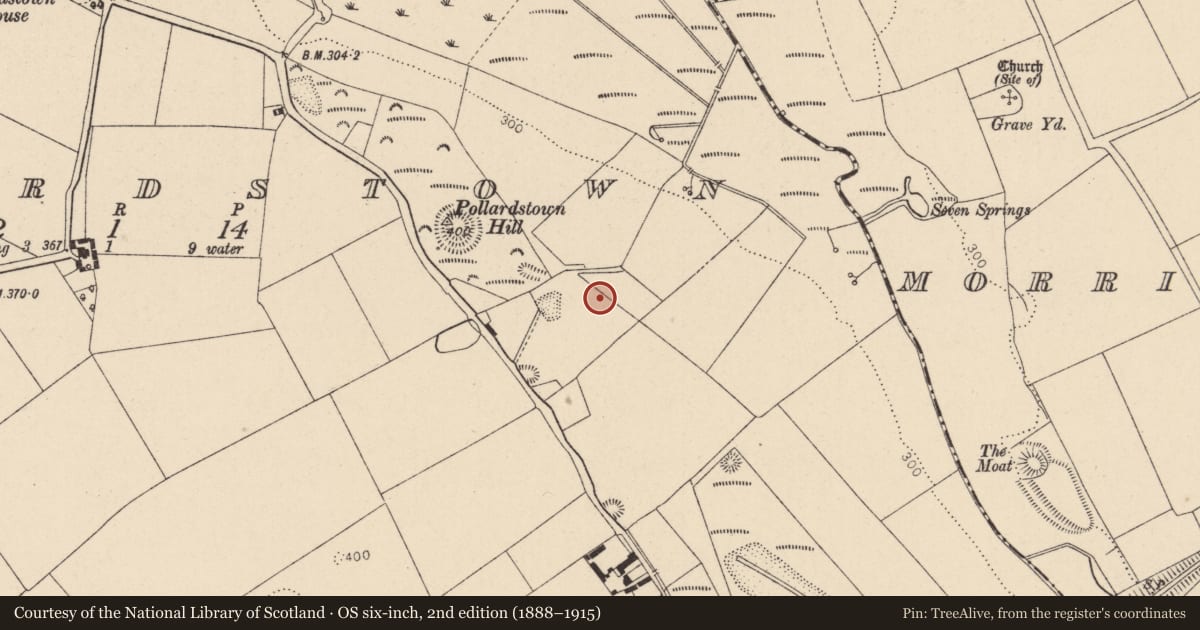 Ordnance Survey six-inch map, 2nd edition (1888–1915) covering the location of Barrow - ring-barrow, Pollardstown, County Kildare, with a pin at the register's coordinates