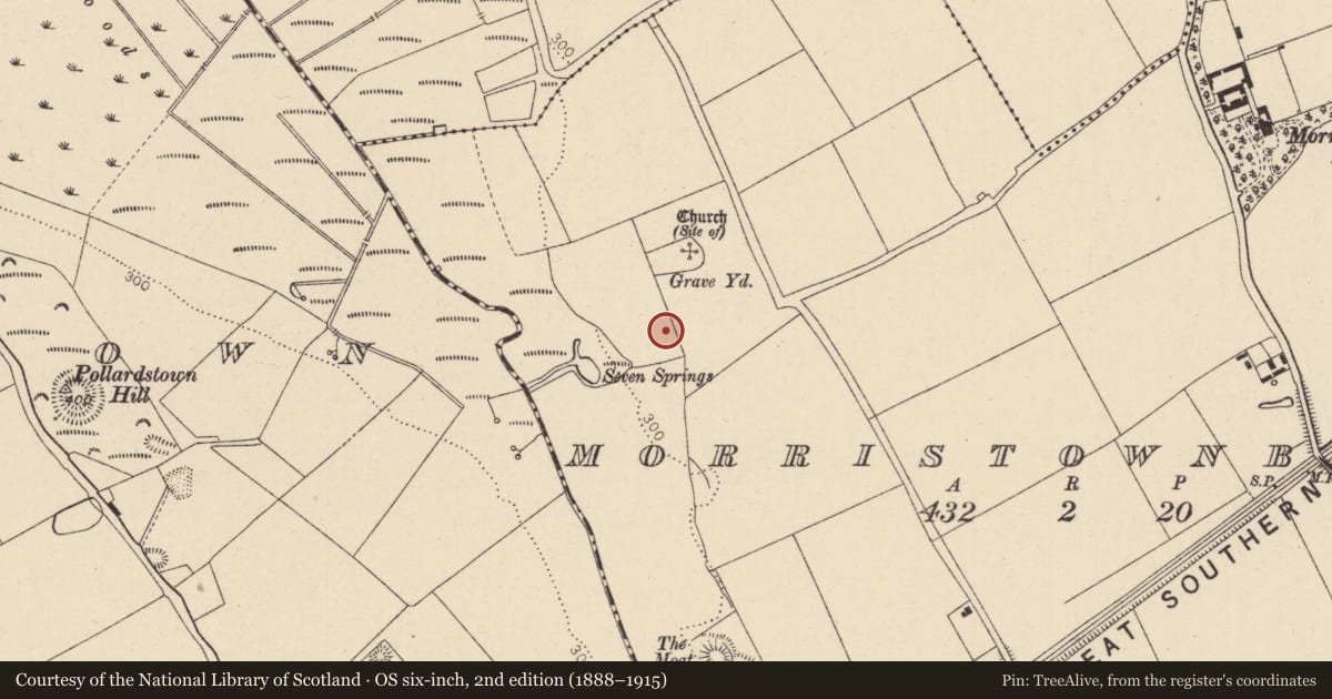 Ordnance Survey six-inch map, 2nd edition (1888–1915) covering the location of Enclosure, Morristownbiller, County Kildare, with a pin at the register's coordinates