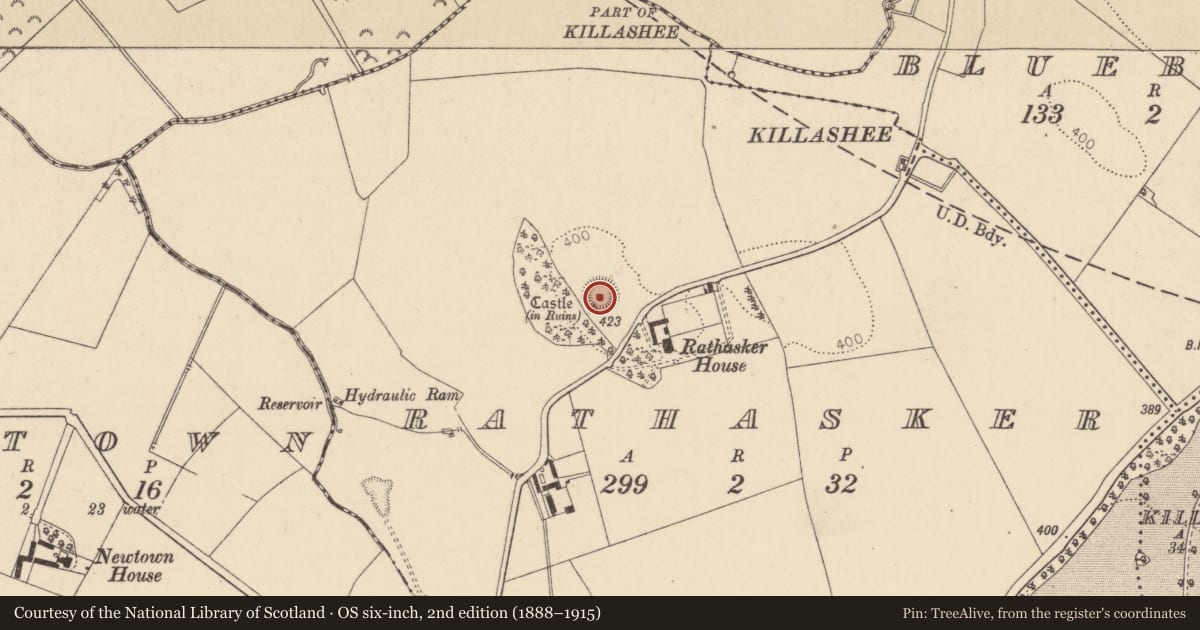 Ordnance Survey six-inch map, 2nd edition (1888–1915) covering the location of Enclosure, Rathasker, County Kildare, with a pin at the register's coordinates