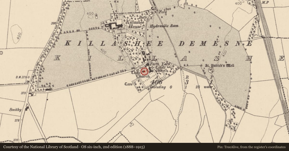 Ordnance Survey six-inch map, 2nd edition (1888–1915) covering the location of Church, Killashee, County Kildare, with a pin at the register's coordinates