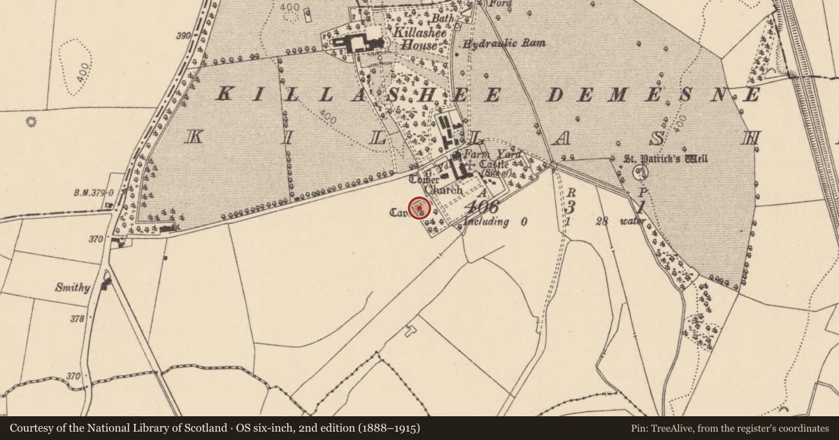 Ordnance Survey six-inch map, 2nd edition (1888–1915) covering the location of Souterrain, Killashee, County Kildare, with a pin at the register's coordinates