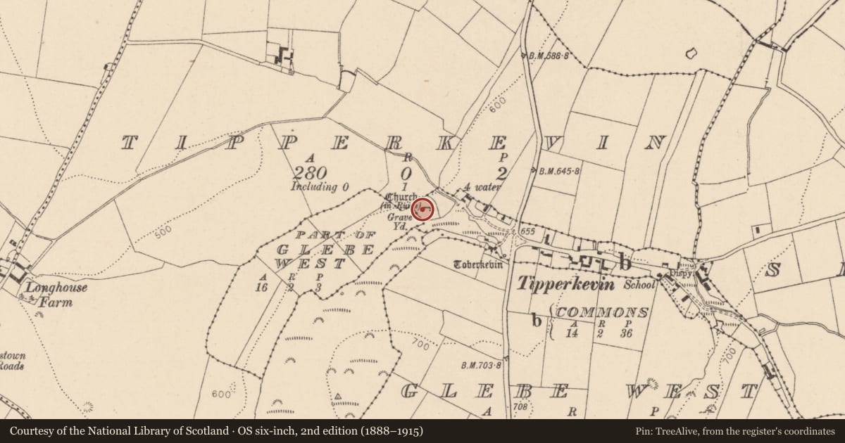 Ordnance Survey six-inch map, 2nd edition (1888–1915) covering the location of Cross-slab, Commons, County Kildare, with a pin at the register's coordinates