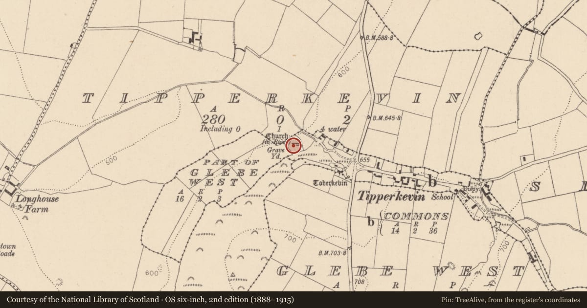 Ordnance Survey six-inch map, 2nd edition (1888–1915) covering the location of Font, Commons, County Kildare, with a pin at the register's coordinates