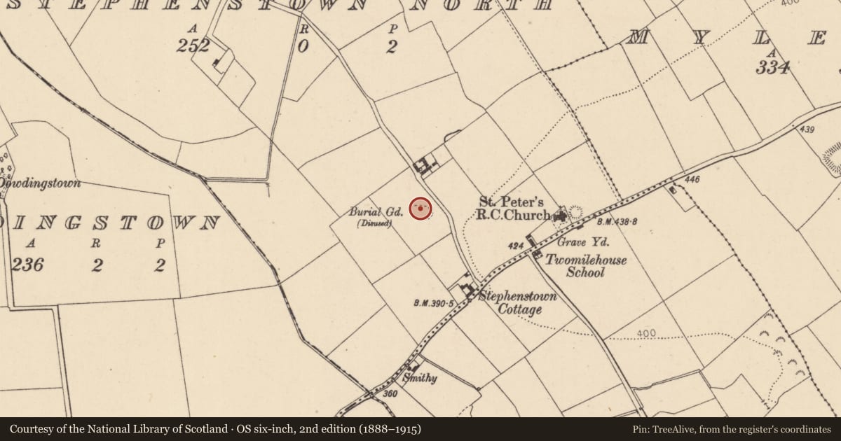 Ordnance Survey six-inch map, 2nd edition (1888–1915) covering the location of Burial ground, Stephenstown North, County Kildare, with a pin at the register's coordinates