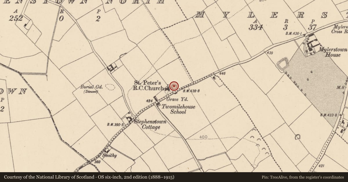 Ordnance Survey six-inch map, 2nd edition (1888–1915) covering the location of Ringfort - rath, Stephenstown North, County Kildare, with a pin at the register's coordinates