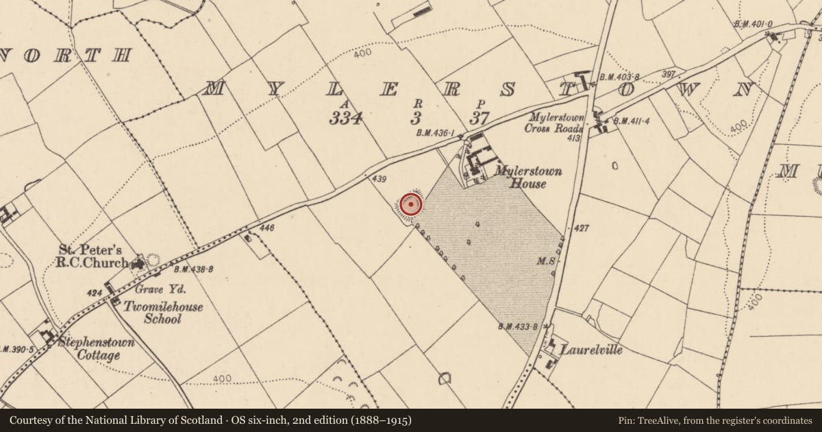 Ordnance Survey six-inch map, 2nd edition (1888–1915) covering the location of Moated site, Mylerstown, County Kildare, with a pin at the register's coordinates