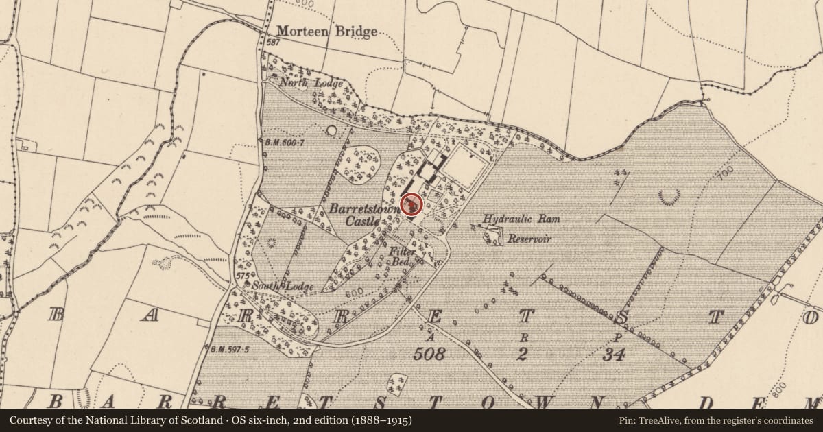 Ordnance Survey six-inch map, 2nd edition (1888–1915) covering the location of Castle - tower house, Barretstown, County Kildare, with a pin at the register's coordinates