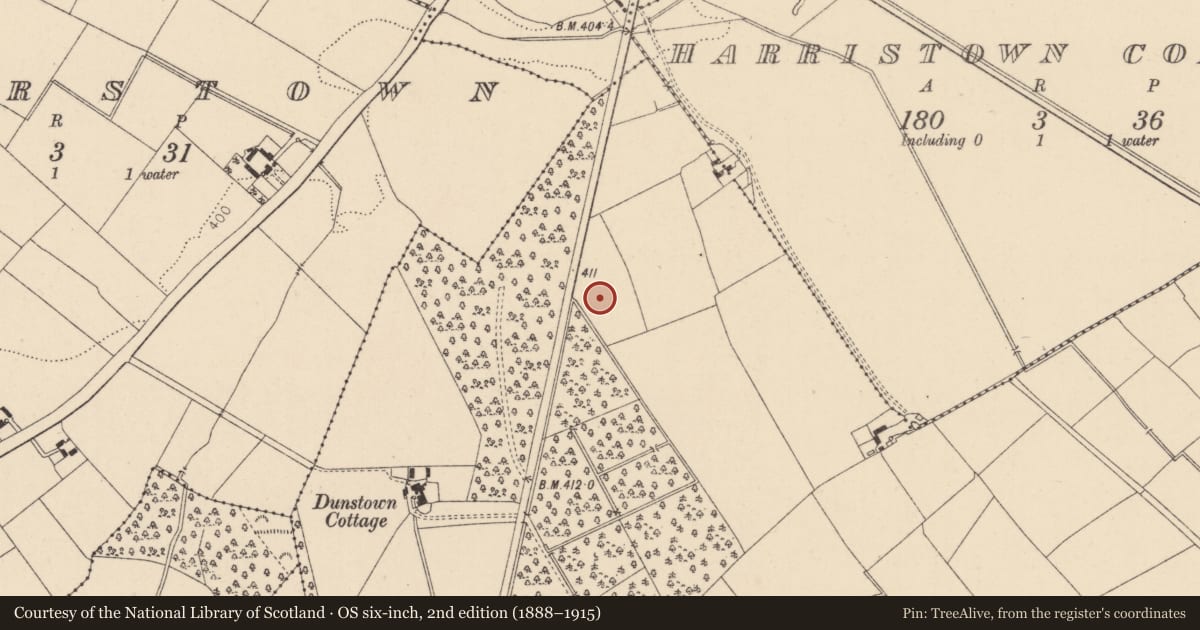 Ordnance Survey six-inch map, 2nd edition (1888–1915) covering the location of Enclosure, Dunnstown, County Kildare, with a pin at the register's coordinates