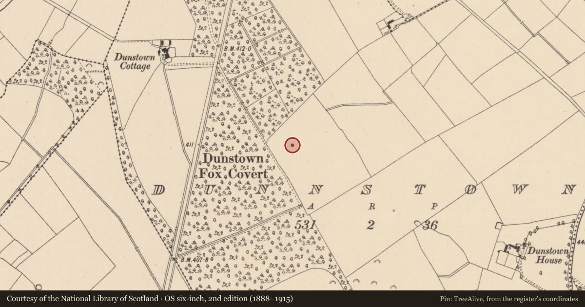 Ordnance Survey six-inch map, 2nd edition (1888–1915) covering the location of Enclosure, Dunnstown, County Kildare, with a pin at the register's coordinates
