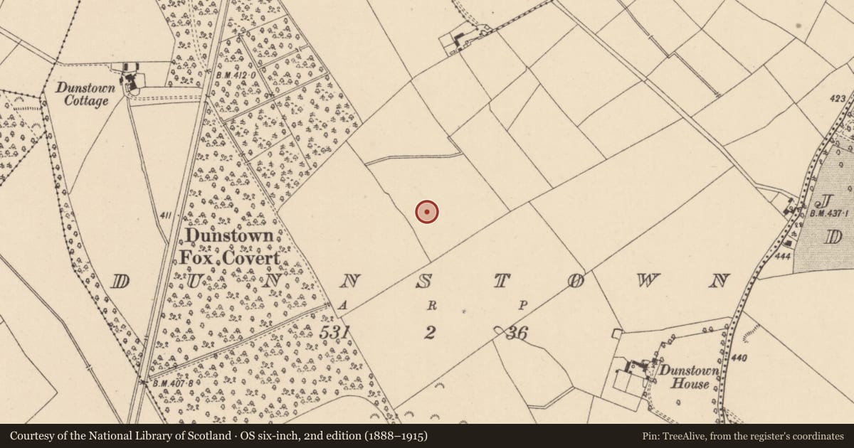 Ordnance Survey six-inch map, 2nd edition (1888–1915) covering the location of Enclosure, Dunnstown, County Kildare, with a pin at the register's coordinates