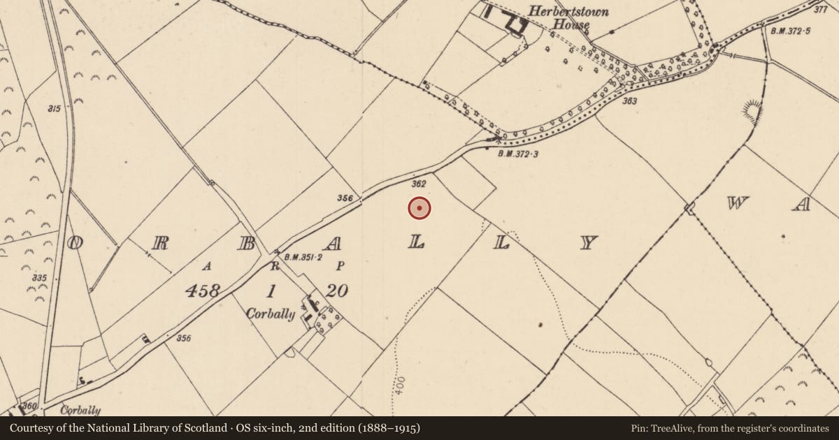 Ordnance Survey six-inch map, 2nd edition (1888–1915) covering the location of Enclosure, Corbally, County Kildare, with a pin at the register's coordinates