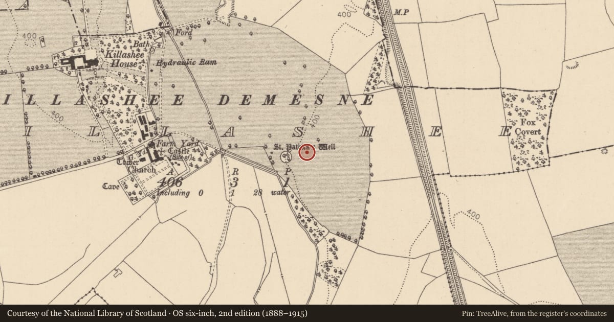 Ordnance Survey six-inch map, 2nd edition (1888–1915) covering the location of Enclosure, Killashee, County Kildare, with a pin at the register's coordinates